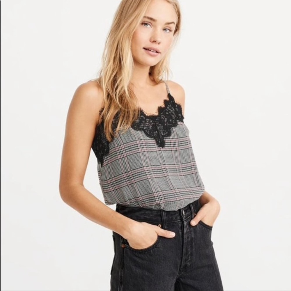 Abercrombie & Fitch Lace trim cami top in grey plaid